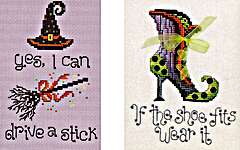 Click for more details of Drive a Stick and Witch's Shoe (cross stitch) by Sue Hillis Designs