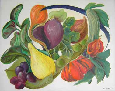 Click for more details of Veg and Fruit Medley (oil on canvas) by Shirley Rothwell