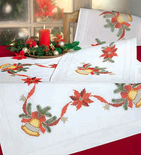 Cross stitch Christmas bells and Poinsettia table runner
