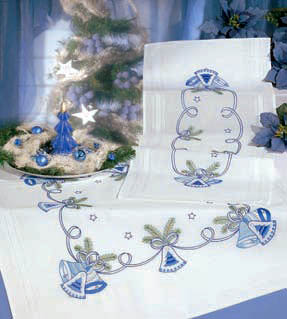Blue and silver Christmas bells table runner