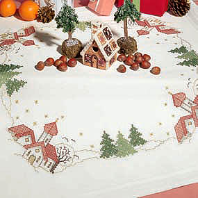 Cross stitch snowy landscape table cover