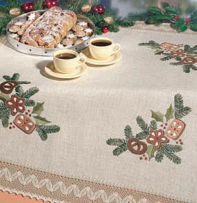 Gingerbread table cover with lace edging
