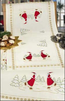 Skating Santas table cover with gold star border