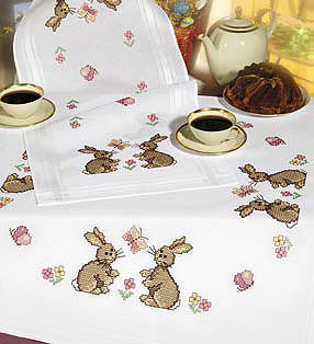 Rabbits playing table cover - Cross stitch