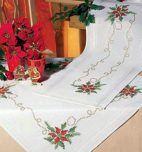 Cross stitch Christmas Poinsettia table runner