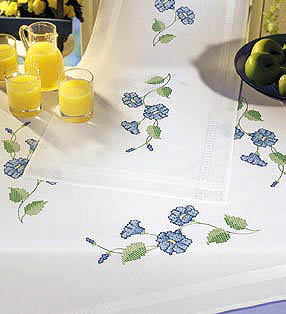 Blue flowers table runner - Cross stitch