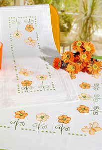 Orange flowers and butterflies table runner - Cross stitch