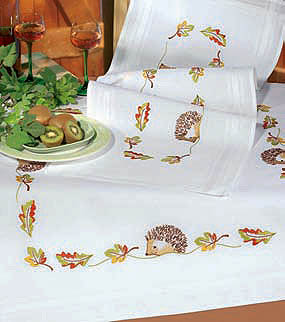 hedgehog with autumn leaves table runner