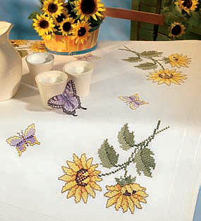 Cross stitch Sunflower and Butterflies table cover