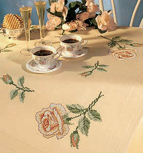 Cross stitch yellow rose table cover