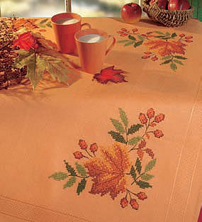 Cross stitch Autumn leaves and rosehips table runner