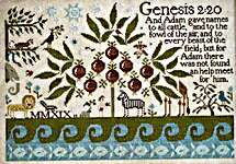 Click/tap for more details of Adam Names the Animals (cross stitch) by Plum Street Samplers