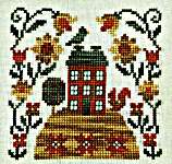Click/tap for more details of Autumn House on a Hill (cross stitch) by Tiny Modernist