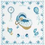 Click for more details of Baby Boy in Basket Birth Sampler (cross stitch) by Permin of Copenhagen