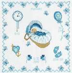 Click/tap for more details of Baby Boy in Basket Birth Sampler (cross stitch) by Permin of Copenhagen