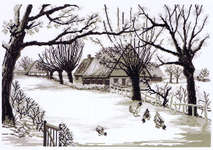 Click/tap for more details of Black and White Winter Farm (cross stitch) by Permin of Copenhagen