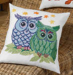Click/tap for more details of Blue/Green Owls Cushion (cross stitch) by Permin of Copenhagen
