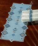 Blue Hardanger Table Runner with Hearts and Flowers