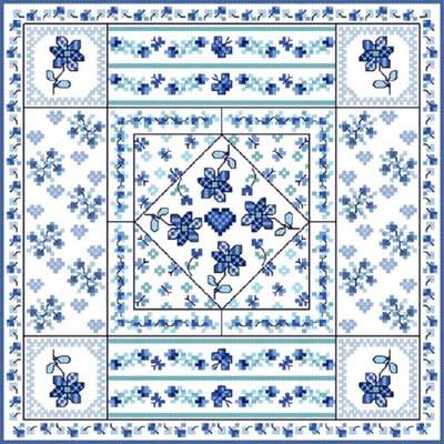 Click/tap for more details of Blue Patchwork (cross stitch) by Designs by Cathy