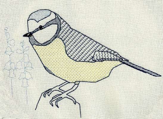 Click/tap for more details of Blue Tit and Bluebells (blackwork) by Anne Peden