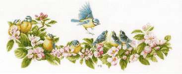 Click/tap for more details of Blue Tit Family and Blooms (cross stitch) by Marjolein Bastin
