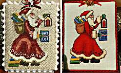 Click/tap for more details of Book Lover's Santa - Rustic and Bright (cross stitch) by Frony Ritter Designs
