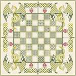 Click/tap for more details of Chessboard with Green Dragons (cross stitch) by DoodleCraft Design