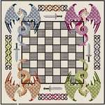 Click/tap for more details of Chessboard with Multicolour Dragons (cross stitch) by DoodleCraft Design