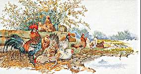 Click/tap for more details of Chickens (cross stitch) by Thea Gouverneur