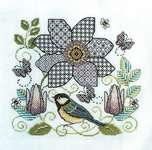 Click for more details of Clematis Flower and Great Tit (blackwork) by Lesley Teare