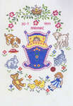 Click/tap for more details of Cradle and Toys Birth Sampler (cross stitch) by Eva Rosenstand