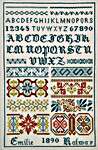 Click/tap for more details of Emilie Kalwar 1890 (cross stitch) by Hands Across the Sea Samplers