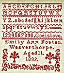 Click/tap for more details of Emily Ann Foster 1892 (cross stitch) by Hands Across the Sea Samplers