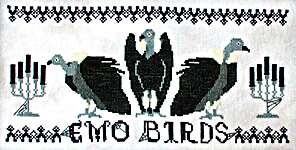 Click/tap for more details of Emo Birds (cross stitch) by Lindy Stitches