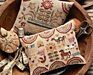 Click/tap for more details of Farm & Folk Penny Cushions (cross stitch) by Heartstring Samplery