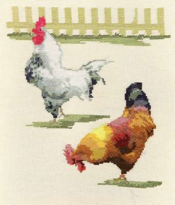 Click/tap for more details of Farmyard Chickens (cross stitch) by Anne Peden