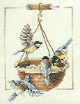 Click/tap for more details of Garden Birds and Feeding Dish (cross stitch) by Marjolein Bastin