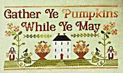 Click/tap for more details of Gather Ye Pumpkins (cross stitch) by Little House Needleworks