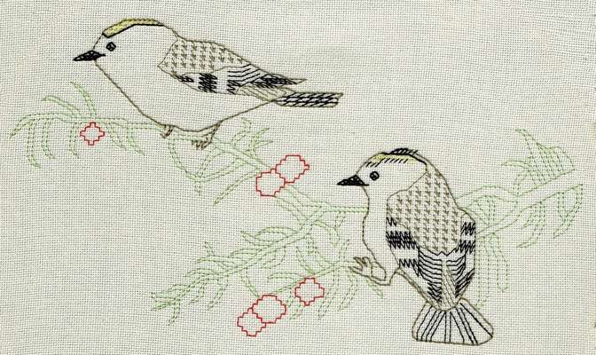 Click for more details of Goldcrests (blackwork) by Anne Peden