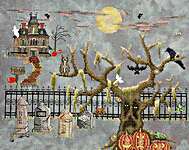 Click/tap for more details of Grimm, Glum and Gloom On Halloween (cross stitch) by Glendon Place