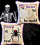 Click/tap for more details of Halloween Puns II (cross stitch) by Stitchy Prose