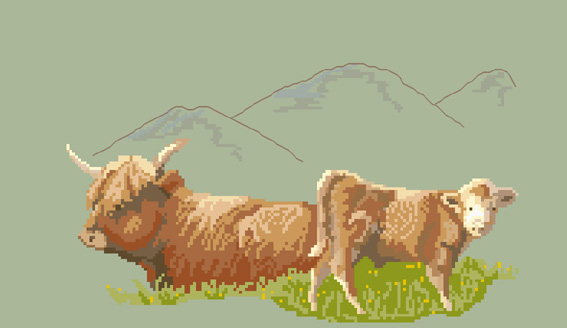Highland Cow with Calf - cross stitch pattern by Anne Peden