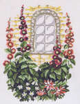 Click/tap for more details of Hollyhocks by a Window (cross stitch) by Permin of Copenhagen
