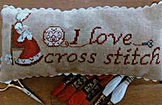 Click/tap for more details of I Love Cross Stitch Pillow (cross stitch) by Serenita di Campagna