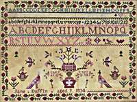 Click/tap for more details of Jane Duffin Sampler 1834 (cross stitch) by The Wishing Thorn