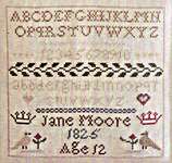 Click/tap for more details of Jane Moore 1825 Miniature Sampler (cross stitch) by The Wishing Thorn