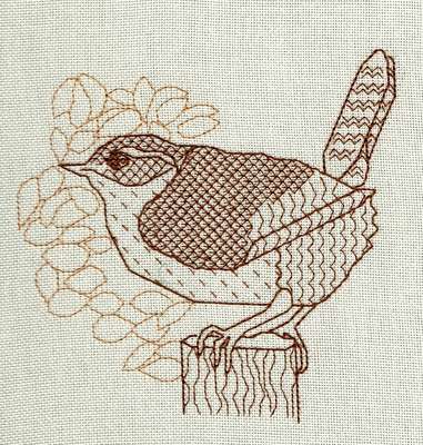 Click for more details of Jenny Wren (blackwork) by Anne Peden