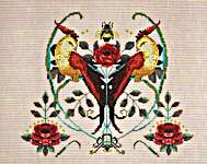 Click/tap for more details of Love Birds (cross stitch) by Nora Corbett
