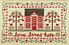 Click/tap for more details of Love Lives Here (cross stitch) by Country Cottage Needleworks