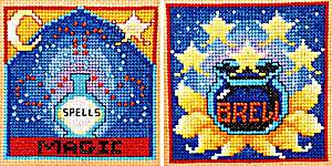 Click/tap for more details of Magic Spells and Magic Brew (cross stitch) by Frony Ritter Designs